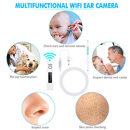 Ear Cleaning Endoscope,WiFi 3 in 1 Borescope Inspection Ear Wax Remover Tool 1.3Megapixels HD Waterproof Camera with 6 Adjustable LED,Compatible for IOS Iphone Ipad Mac OTG Android Micro USB PC(White)
