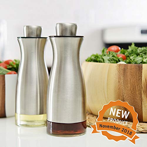 CHEFVANTAGE S02-P22-V1 Olive Oil and Vinegar Cruet Dispenser Set with Elegant Glass Bottle and Drip Free Design-Stainless Steel, P22