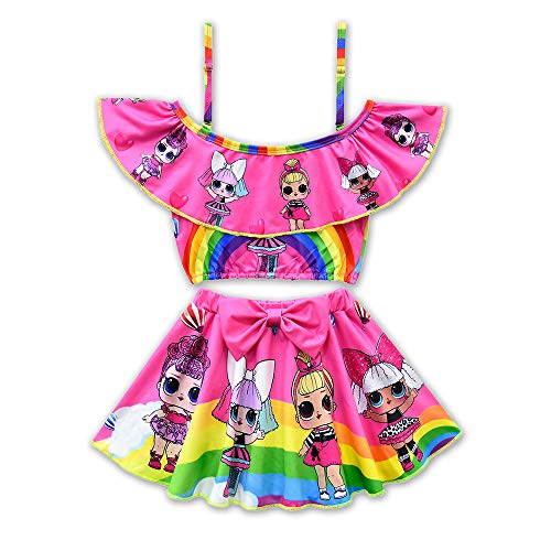 Rohero Toddler Baby Girls Swimsuits Two Piece Doll Print Ruffle Swimwear Bathing Suit for Doll Surprised (120cm/ 5-6Y, Rainbow Rose 1)