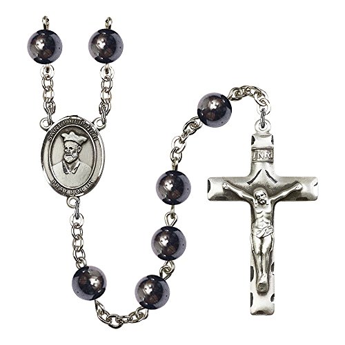 St. Philip Neri Silver-Plated Rosary 8mm Hematite Beads Crucifix Size 1 3/4 x 1 medal charm