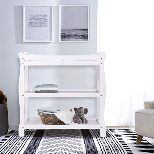 Bable Baby Changing Table with Two Open Shelves for Storage- Modern Diaper Changing Station with Pad to Protect Mom's Waist, Wooden White Changing Table Has Sturdy Straps Guardrail, Safe to Dress Baby