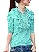 Allegra K Women's Ruffle Neckline Half Placket Puff Sleeves Blouse