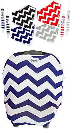 Baby Nursing Breastfeeding Cover/ Stretchy Car seat Canopy/Shopping Cart / Bandana Bibs/Pacifier Clips/For Girls and Boys (Navy Blue Chevron)