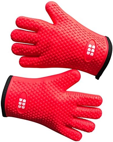 Heat Resistant BBQ Cooking Gloves - Plus Grill Brush & eBook of BBQ Recipes. Grill Gloves with Soft Inner Lining - Providing Comfortable Hand Protection - Food Safe & FDA Approved