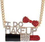 Goldtone Fully Iced Out I Do Makeup Red Lipstick and Bow Pendant with an 18 Inch Adjustable Link Necklace