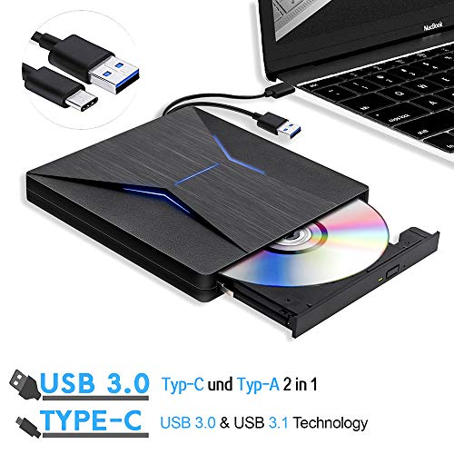 External CD DVD Drive USB C USB 3.0 Dual Port Portable CD DVD /-RW Drive High Speed Data Transfer External Optical Drives for Windows10/MacBook/Desktop/Laptop