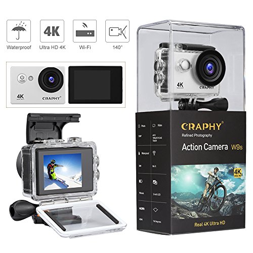 CRAPHY W9SE Action Camera 4K WiFi Ultra HD Waterproof Sport Camera Kit 2 Inch LCD Screen 140 Degree Wide Angle 12MP with Rechargeable Batteries, Silver