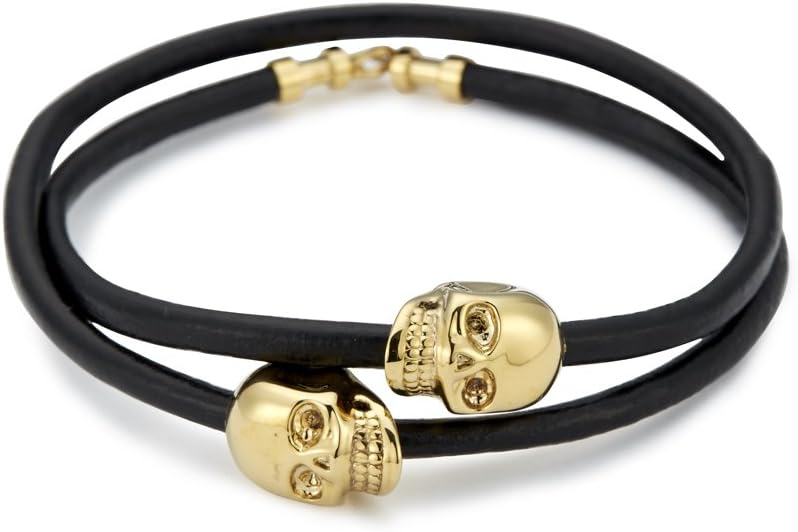 Black Leather/ 18kt. Gold Skull Double Wrap Bracelet
