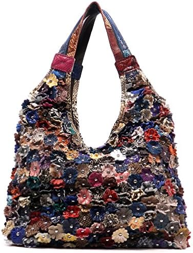 Genuine Leather Flower Patchwork Tote with Snakeskin Trim