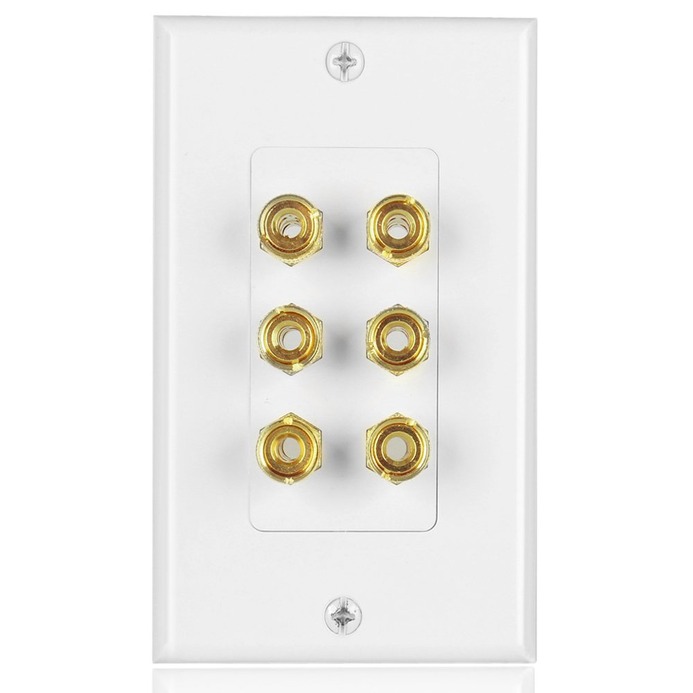 TNP Home Theater Speaker Wall Plate Outlet - 3 Speaker Sound Audio Distribution Panel Gold Plated Copper Banana Plug Binding Post Connector Insert Jack Coupler (3 Pair, Single Gang, White)