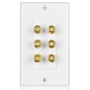 TNP Home Theater Speaker Wall Plate Outlet - 3 Speaker Sound Audio Distribution Panel Gold Plated Copper Banana Plug Binding Post Connector Insert Jack Coupler (3 Pair, Single Gang, White)