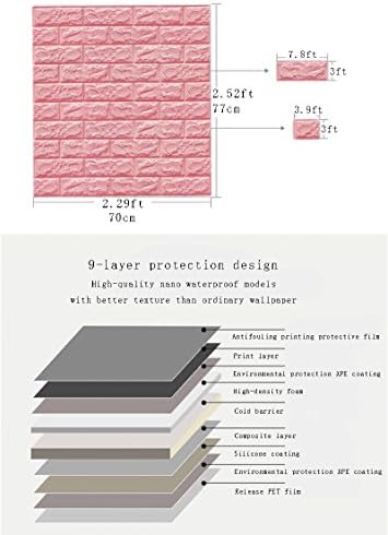 YOMM 5PCS 3D solid brick wall stickers, nano waterproof and XPE foam self-adhesive wallpaper crash soft pack bedroom living room background TV decorative art wall tiles (Pink)