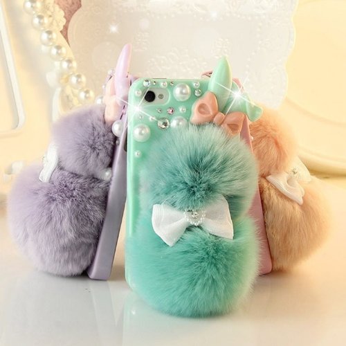 Iphone 6plus Case, iphone 6splus Case, LU2000 3D Rabbit Shape Fluffy Phone Fur Phone Case Bling Pearl Crystals Sparkle Jeweled for Apple Iphone 6+ /6s+ Plus(5.5") Inch All Carriers - Pink