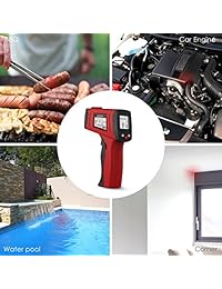 Cappec IRT001, pistola de termómetro de temperatura, infrarrojo, digital, sin contacto con retroiluminación blanca,  58 °F   716 °F( 50 ?   380 ?), rojo y negro