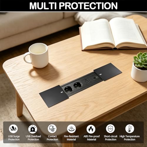 Aluminium Recessed Table Plug, Retractable Socket Outlet with 2 Sockets, 2 USB Ports and Type C+HDMI+Cat 6, 250V/16A Recessed Power Strip for Desks, Work Tables, Dining Tables