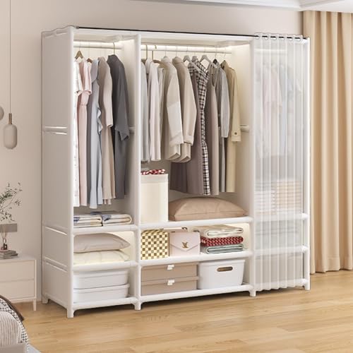 Portable Closet,Portable Closets for Hanging Clothes,Japanese Style Wardrobe with 3 Hanging Rods,9 Storage Shelves,56.2" L x 17.7" W x 65.1" H, (White)
