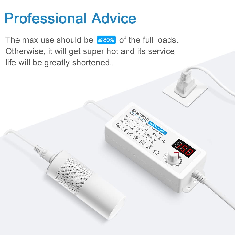 SHNITPWR AC Adapter 3V ~ 24V 3A 72W Universal Power Supply 100V-240V AC to DC 3V 5V 6V 9V 12V 15V 16V 18V 19V 20V 24V Adjustable Power Adapter with 14 Tips 5.5x2.5mm 4.0x1.7mm 3.5x1.35mm, White