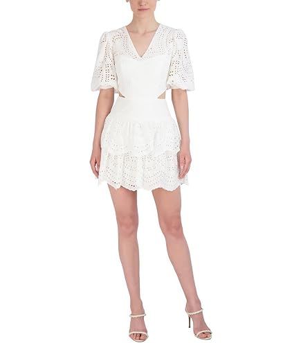 BCBGMAXAZRIA Women's V Neck Long Balloon Sleeve Mini Cocktail Dress, White, 10 : Clothing, Shoes & Jewelry