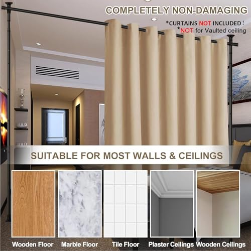 Room Divider Curtain Rod, Heavy Duty No Drilling Room Separation Rods, Floor to Wall Ceiling Tension Separator Privacy Space Partition Rods, Black Adjustable 122-305Cm(H), 70-324Cm(W)