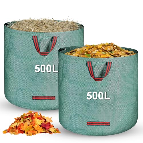 2 x 500L Green Waste Garden Bags with Handles, Foldable and Reusable, Suitable for Weeds, Leaves and Waste