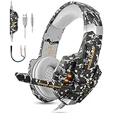 BGOOO Stereo Gaming Headset for PS4, PC, Xbox One,Professional 3.5mm Noise Isolation Over Ear Headphones with Mic, LED Light, Bass Surround, Soft Memory Earmuffs for Laptop Mac Nintendo (Camouflage)