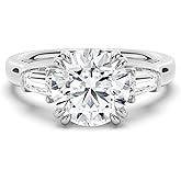 MSBLUE® Moissanite Engagement Ring, 1.0-2.0 CT Round-Cut with Tapered Baguette Side Stones, 14K White Gold Vermeil, Rhodium Finish