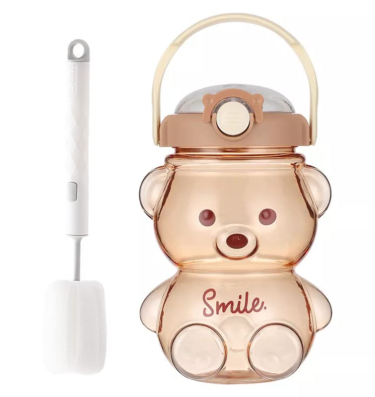 ATS Home Bear Bottle,1L water bottle w/ straw,100% Leak Proof,BPA free,Safety lock,Includes Handle & Strap,funky design very popular amongst children / teenagers,free cleaning brush included (Brown)