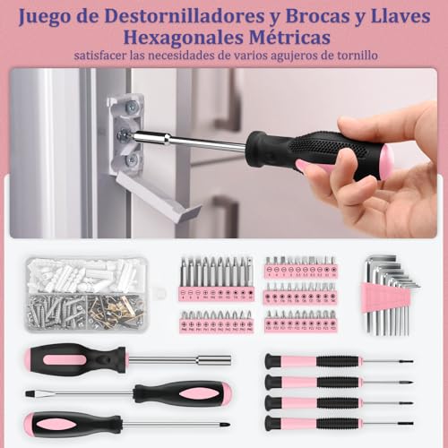 Sundpey Complete Tool Box 281 Pieces - Portable Tool Set with Ratchet Wrench Set Screwdriver Set Metric Hex Wrenches Pliers Pink