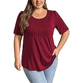CARRROTMOB Plus Size Womens Summer Tops Puff Short Sleeve Crew Neck Pleated T Shirts Loose Dressy Casual Blouses