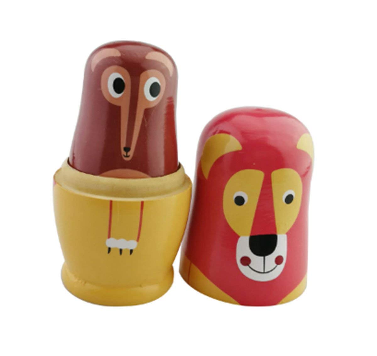 Cute Cartoon Lion Wolf Tiger Monkey Owl Squirrel Forest Animal Russian Nesting Dolls Matryoshka Doll Set 6 Pieces Handmade Kids Gifts Toy Home Decoration