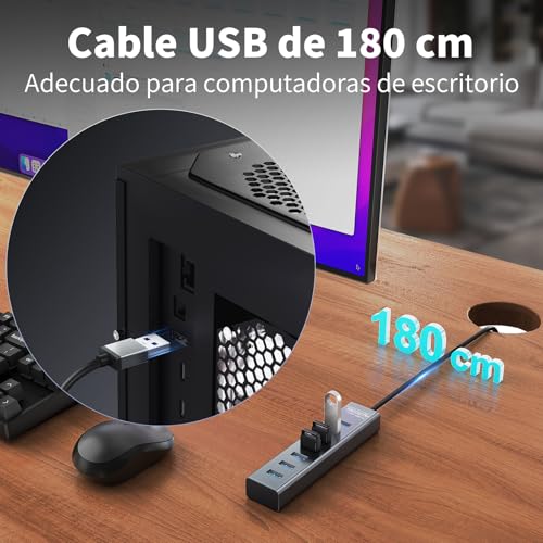 7 Ports USB 3.0 Hub with 180cm Cable for PC Computer, Aluminum USB Hub Multiport Adapter with USB 3.0 5Gbps, 5V 3A USB-C Powered for PC, Laptop, MacBook, Mouse, U-Disk, Keyboard