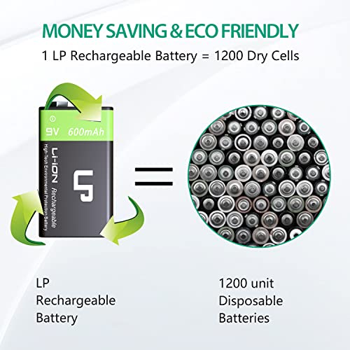 LP 9V Rechargeable Battery Charger Pack, 4 Pack 600mah 9 Volt Batteries