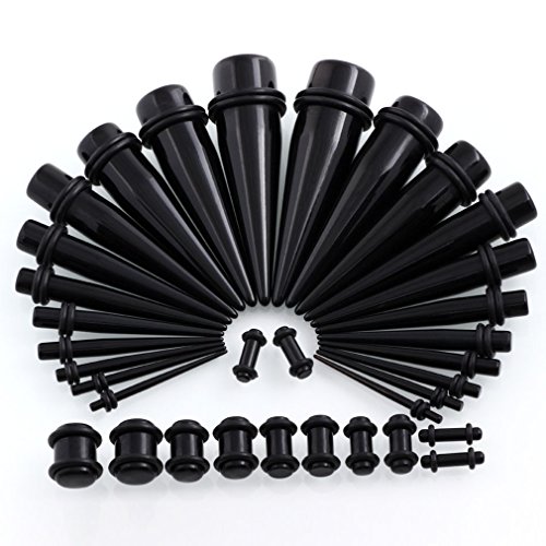 Stainless Steel Ear Stretching Taper Tunnel Starter Kit - 36 Piece Set 14G - 00G JDXN (14G-00G/36PCS Black)