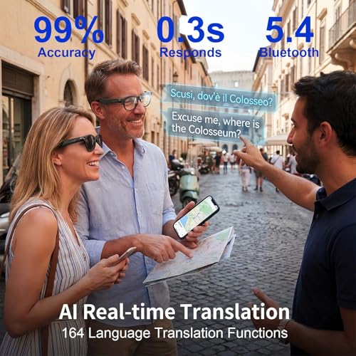 AI Smart Glasses with Camera and Audio, 8MP HD Bluetooth Camera Glasses,1080P Video Recording Sunglasses,Real Time Translation,AI Assistant,Object Recognition,Open-Ear Audio for Travel, Meetings Vlog