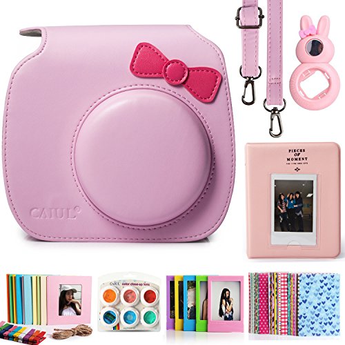 CAIUL 7 in 1 Fujifilm Instax Mini 8 8+ 9 Camera Accessories Bundles (Pink Bow-knot Mini 8 Case / Mini Album / Close-up Selfie Lens / 6 Colors Filters / Wall Hang Frames / Film Frame / Film Stickers)