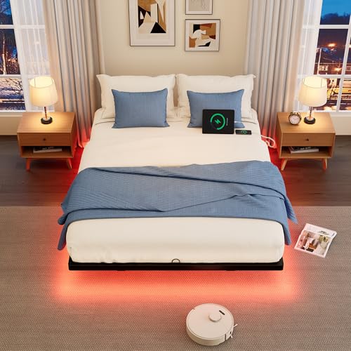 Floating Bed Frame King Size with Smart LED Lights and Charging Station, Heavy Duty Modern Metal Platform Bed No Box Spring Needed - Easy Assembly and Noise Free