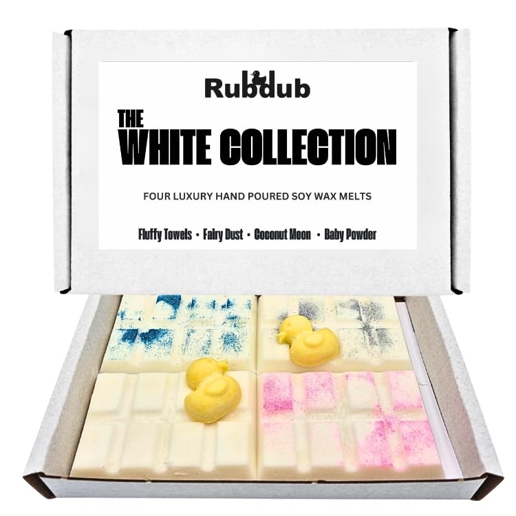 Rubdub 4 X 30G Soy Wax Melt Snap Bars (Fairy Dust/Baby Powder/Fluffy Towels/Coconut Moon) - 100 Hours + Burn Time - Highly Scented - Wax melts gift set, Wax melts strong scented (White Collection)