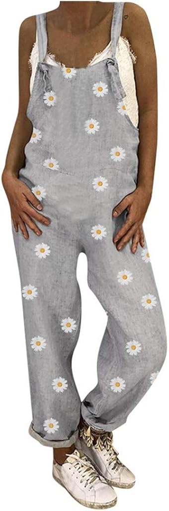 UOKNICE BLOUSE Women Daisies Print Romper Dressy Long Playsuit Knot Strap Button Jumpsuit: Clothing