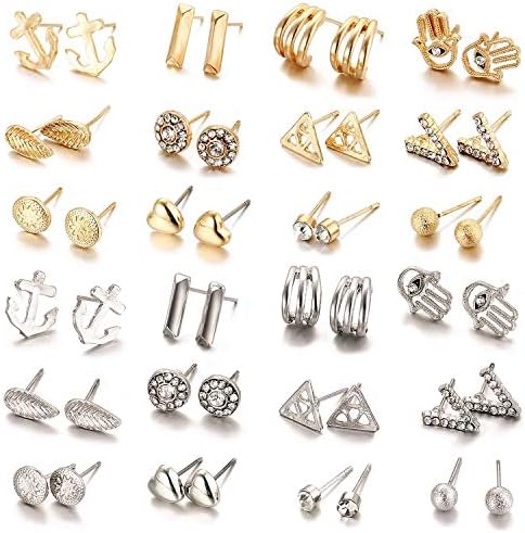 24 Pair/Set Hypoallergenic nickel-free Geometric Crystal Earrings Piercing Assorted Bead Charms Multiple Stud Earring Set (24 pairs)