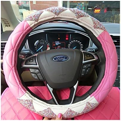 Younglingn 15 Inch Double color Universal Fit Steering Wheel Lovely Bling Bling Multicolor Diamond and PU Leather car steering wheel cover (Pink+White)
