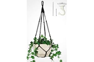 Shineloha 43 Inches Macrame Planter Hanger Large for 12 inch Pot + Swag Hook (Extra Long & Big) | Large Hanging Planter for Indoor Plants | No Tassel, Cotton Rope, NO Pot/Plant Included (Black)(XL)