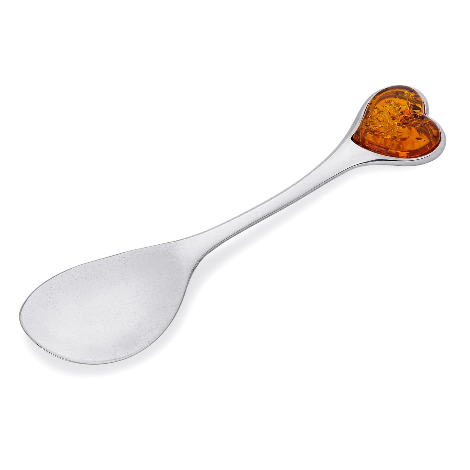 AMBEDORA Spoon Size L, Polished Sterling Silver Baltic Amber Heart Large Silver Spoon with Amber Heart 4,06 in