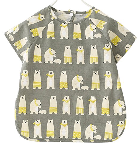 F&C Toddler Baby Short sleeve Waterproof Sleeved Bib (Bear, 2T(80-90CM))