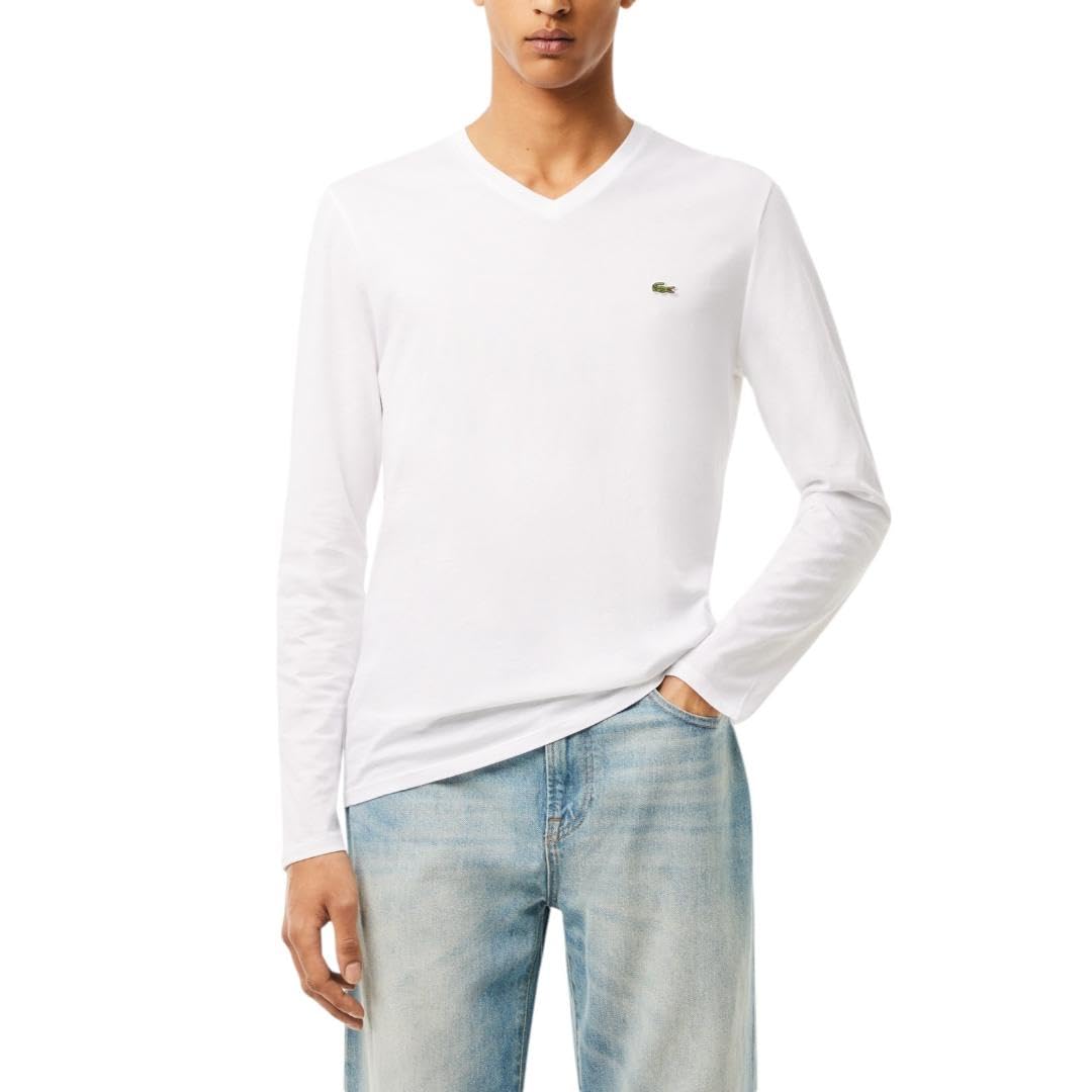 Lacoste Men's Long Sleeve Lightweight Cotton Pima V-Neck T-Shirt, White, X-Small Image