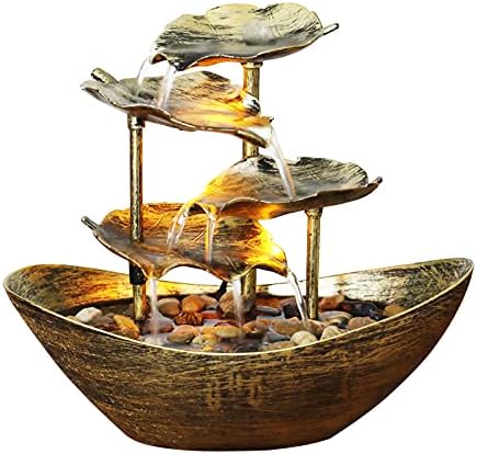 Indoor Fountains & Accessories - Creative Ingot Lotus Leaf Flowing Water Tabletop Fountain with LED Night Light, Automatic Pump USB Desk Fountain Home Office Decor(Gold)