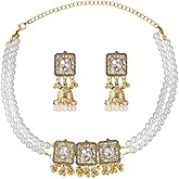 OIDIMS Indian Pearl Choker Necklace Jhumki Dangle Chandelier Earring Set for Women Crystal Tassel Beaded Pendant Boho Earrings Fashion Chunky Necklaces Party Wedding Bollywood Jewelry Jhumka Festival
