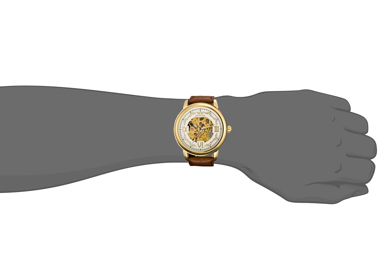 SEWOR Crusader Orologio da polso meccanico con scheletro trasparente a mano da uomo con cassa in pelle marrone e oro (Oro & Bianco)