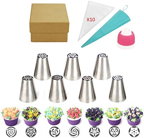 Cake Decorating Kit Russian Icing Tip, 19pcs Pastry Tips Set Includes 7 Piping Tips, 10 Disposable Pastry Bags, Reusable Silicone Pastry Bag and Tricolor Coupler, Fine Box Package