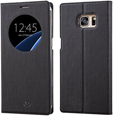 Galaxy S7 Edge Case, Sunwood Premium Ultra Slim PU Leather Window View Flip Cover Stand Case Shell for Galaxy S7 Edge SM-G935 (Black)