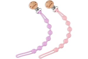KALOVIN Pack of 2 One-Piece Design Silicone Pacifier Clip Holder, Soft Silicone Teether Pacifier Strap with Clip Baby Teether Toys (Baby Pink/Soft Lilac)